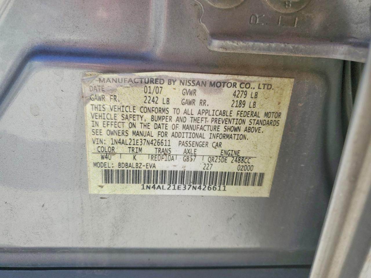 2007 NISSAN Altima VIN 1N4AL21E37N426611 photo 12