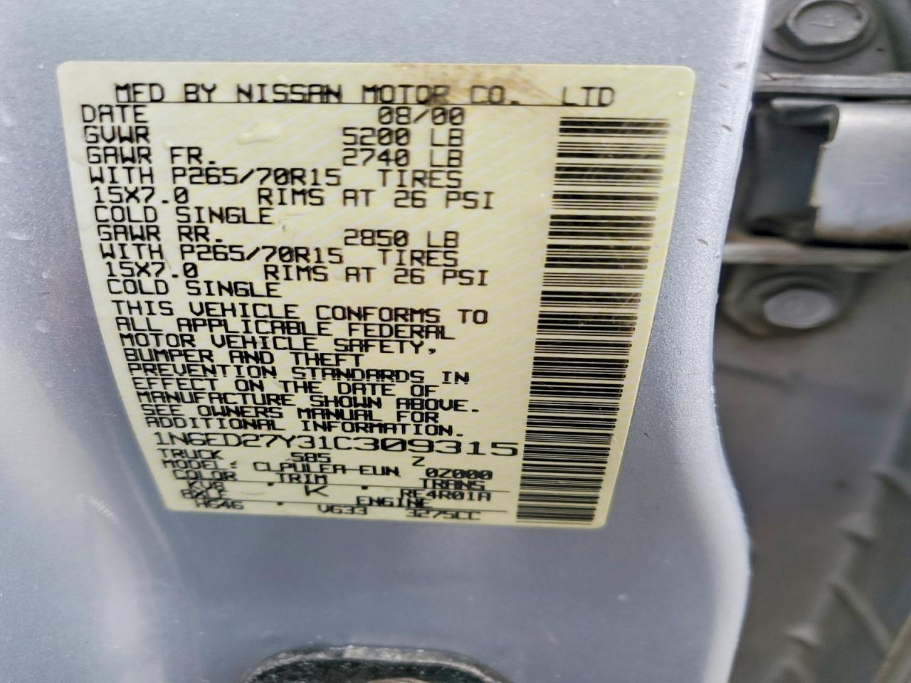 2001 Nissan Frontier VIN 1N6ED27Y31C309315 photo 12