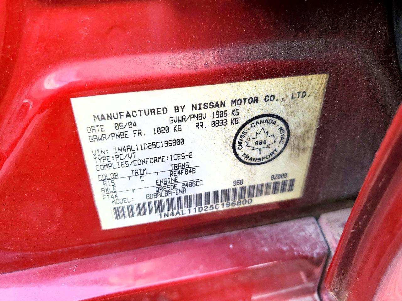 2005 NISS Altima VIN 1N4AL11D25C196800 photo 12