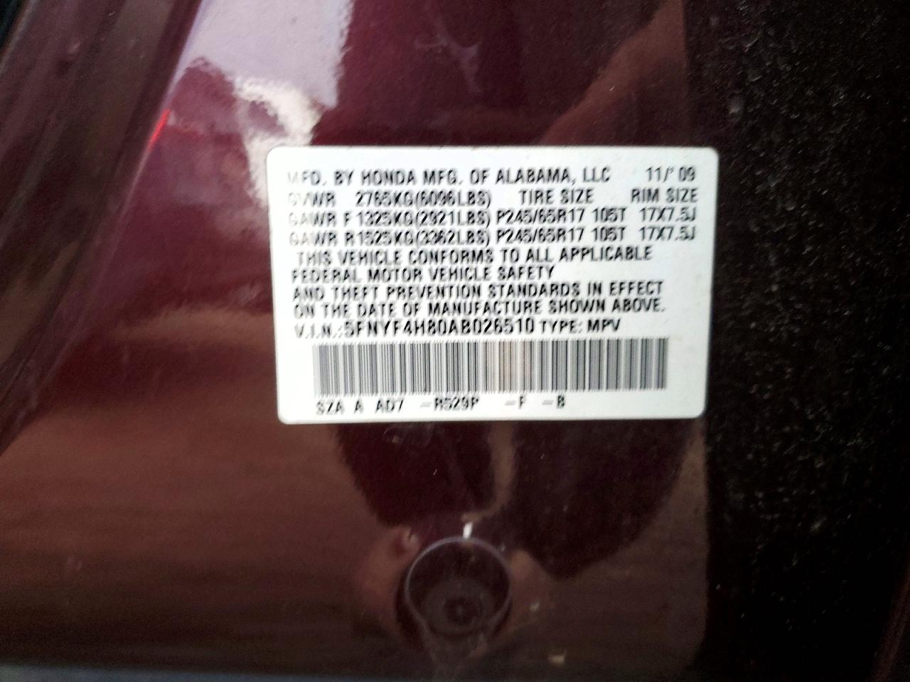 2010 Honda Pilot VIN 5FNYF4H80AB026510 photo 12