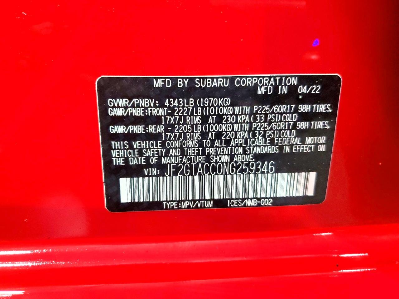 2022 Subaru Crosstrek VIN JF2GTACC0NG259346 photo 12