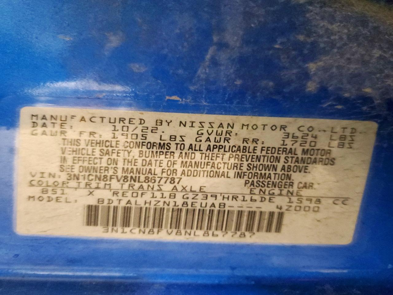2022 Nissan Versa VIN 3N1CN8FV8NL867787 photo 12