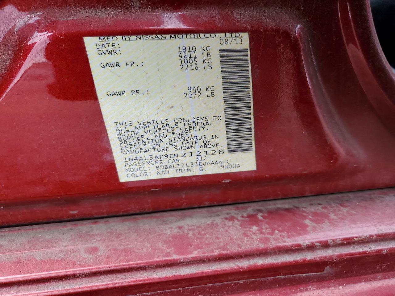 2014 Niss Altima VIN 1N4AL3AP9EN212128 photo 12