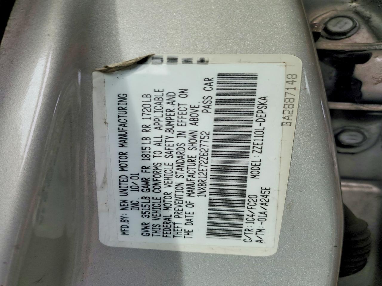 2002 Toyota Corolla VIN 1NXBR12E72Z627752 photo 12