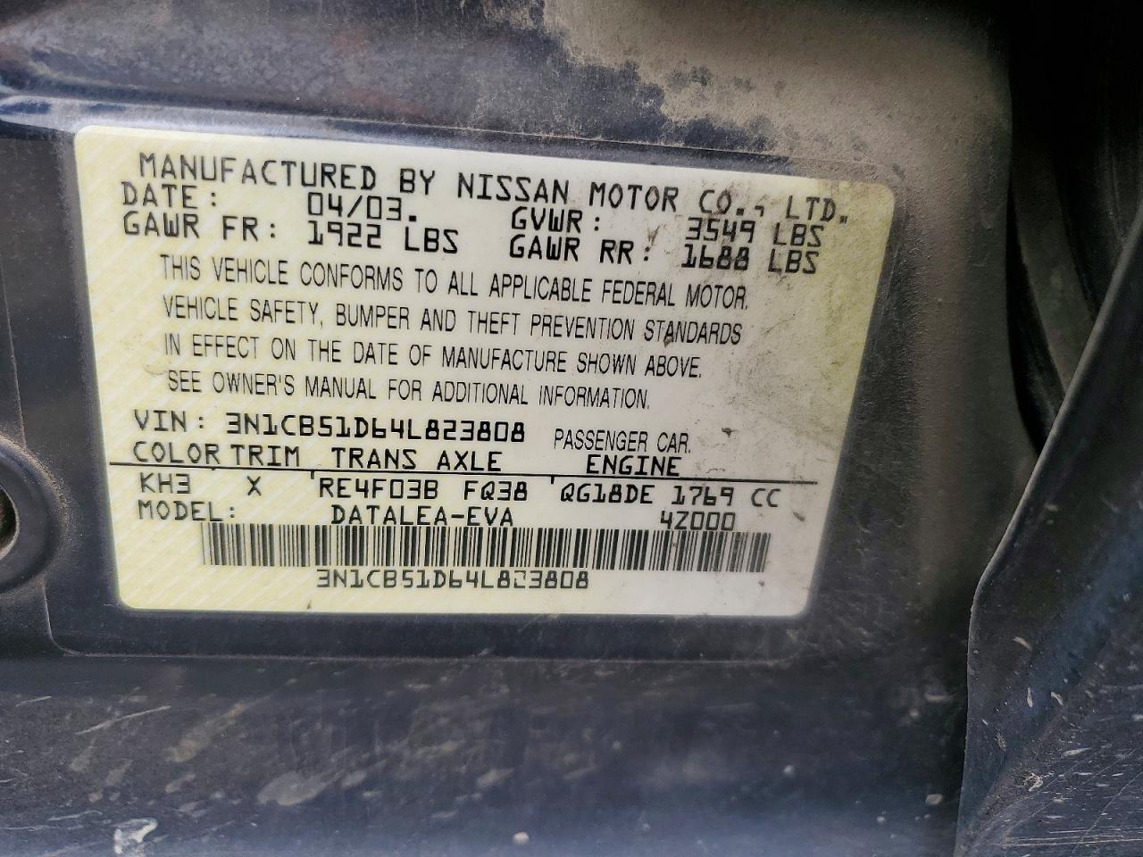 2004 Nissan Sentra VIN 3N1CB51D64L823808 photo 12