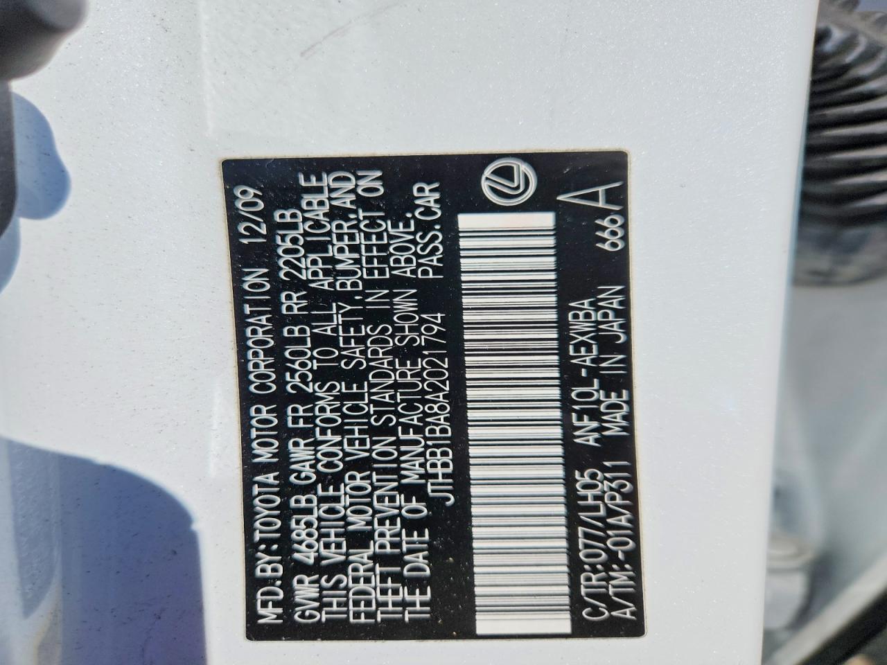 2010 LEXUS Hs VIN JTHBB1BA8A2021794 photo 12