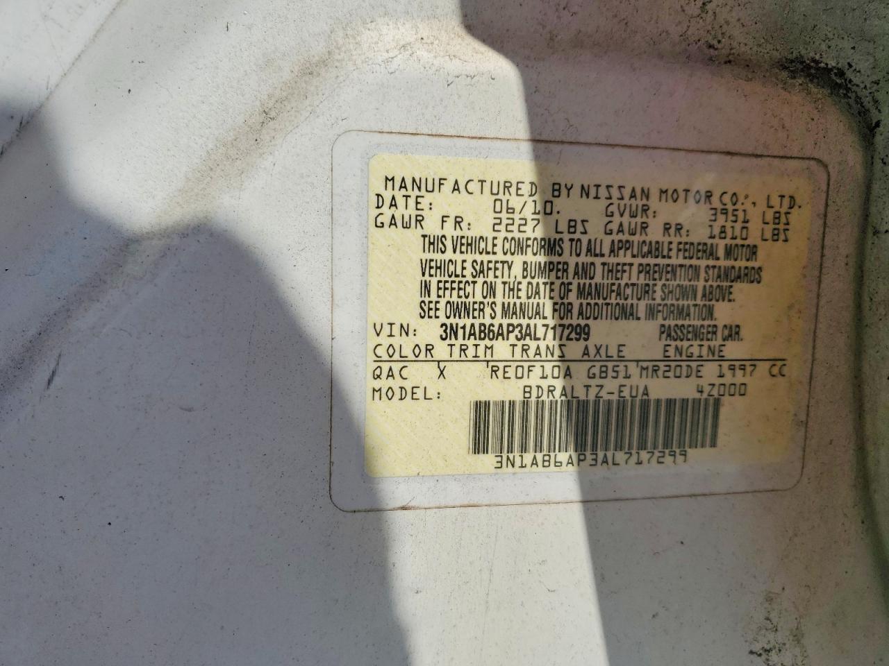2010 NISS Sentra VIN 3N1AB6AP3AL717299 photo 12