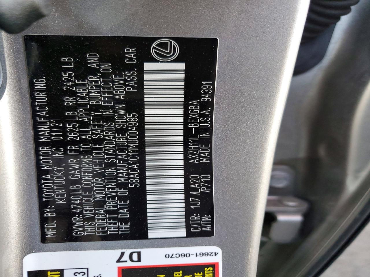 2021 Lexus Es300 VIN 58ACA1C11MU004985 photo 12