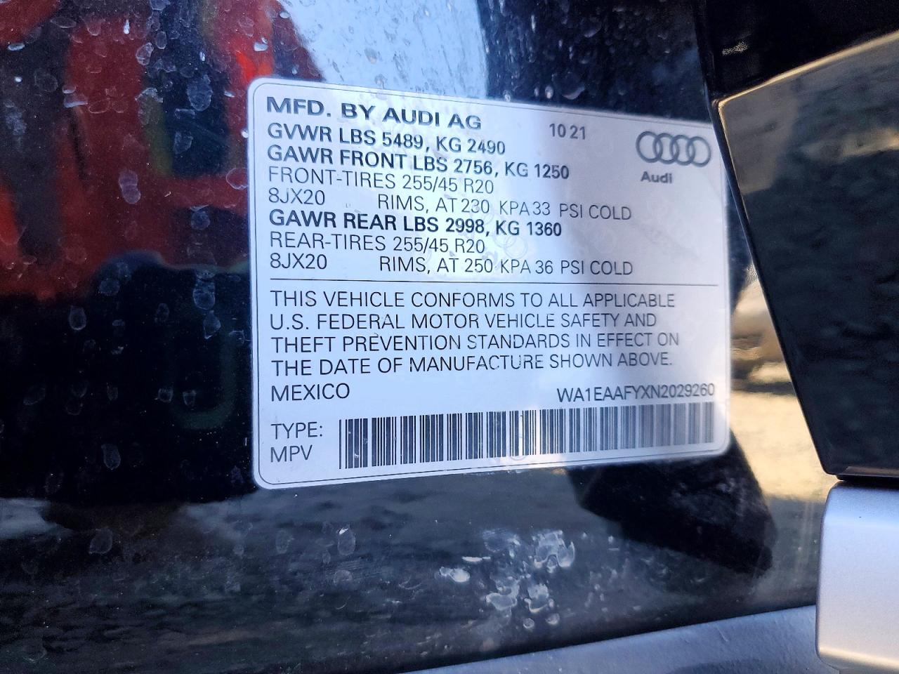 2022 Audi Q5 VIN WA1EAAFYXN2029260 photo 12