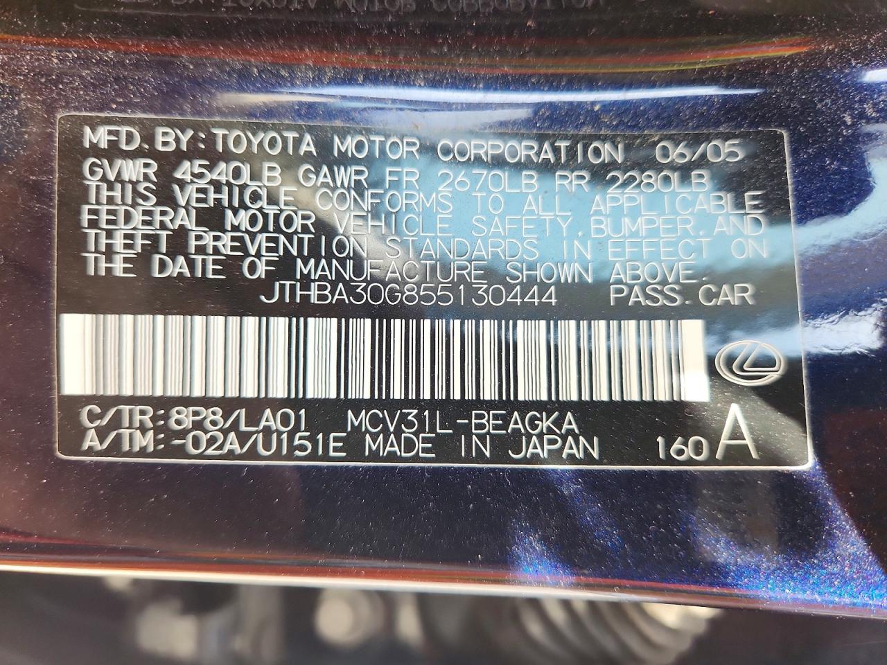 2005 Lexus Es330 VIN JTHBA30G855130444 photo 12
