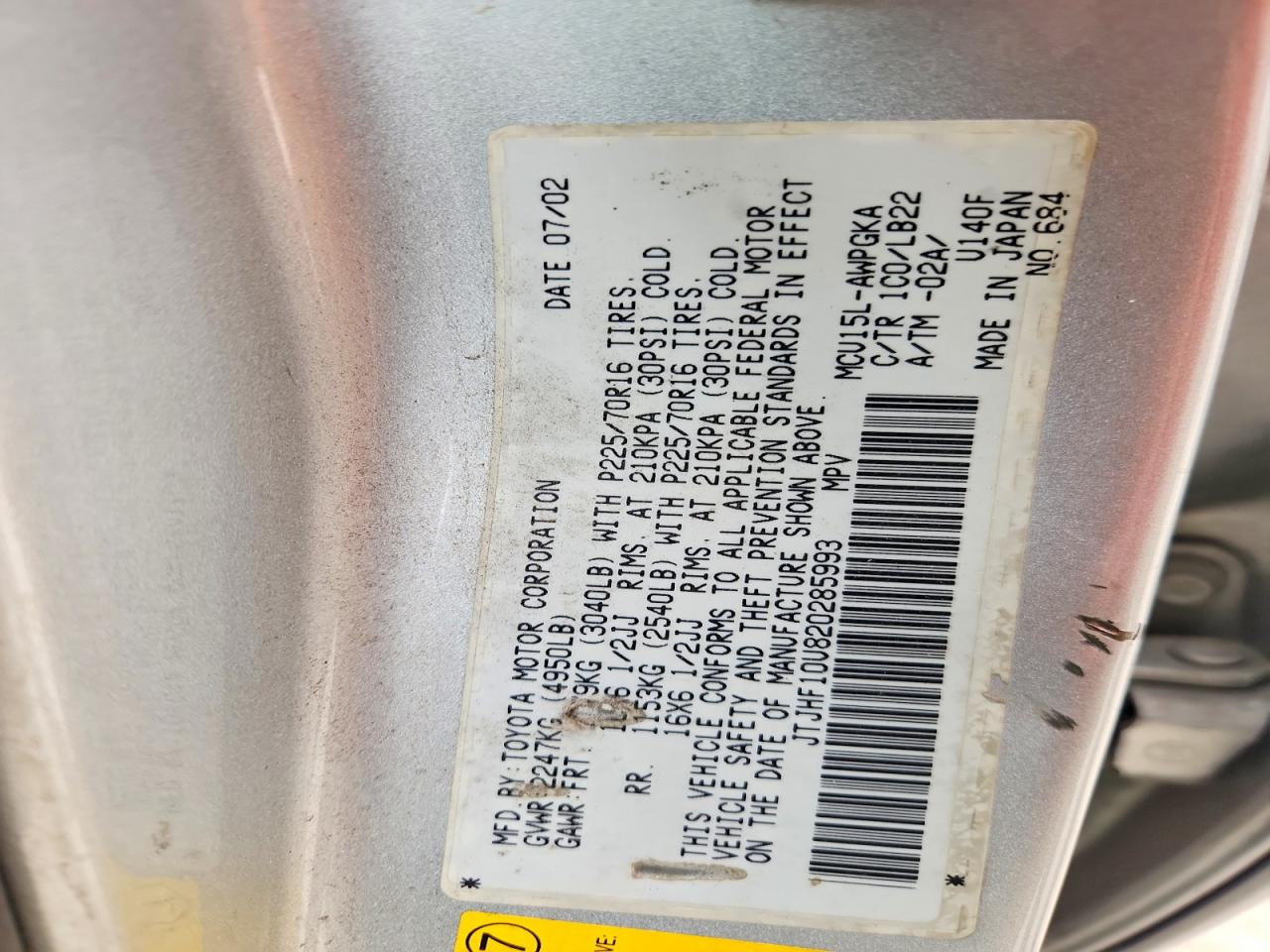 2002 Lexus Rx350 VIN JTJHF10U820285993 photo 12
