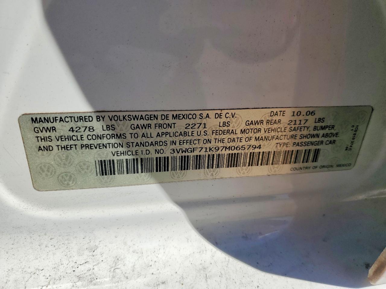 2007 VOLKSWAGEN Jetta VIN 3VWGF71K97M065794 photo 12