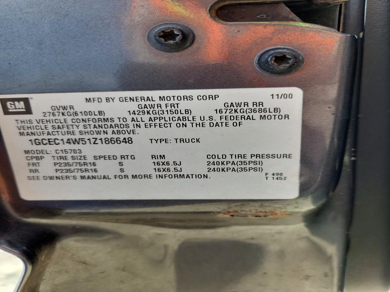 2001 Chevrolet All models VIN 1GCEC14W51Z186648 photo 12