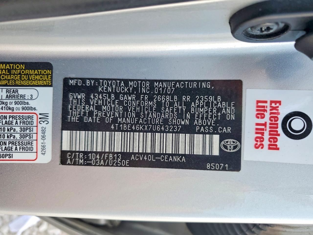 2007 TOYOTA Camry VIN 4T1BE46KX7U643237 photo 12