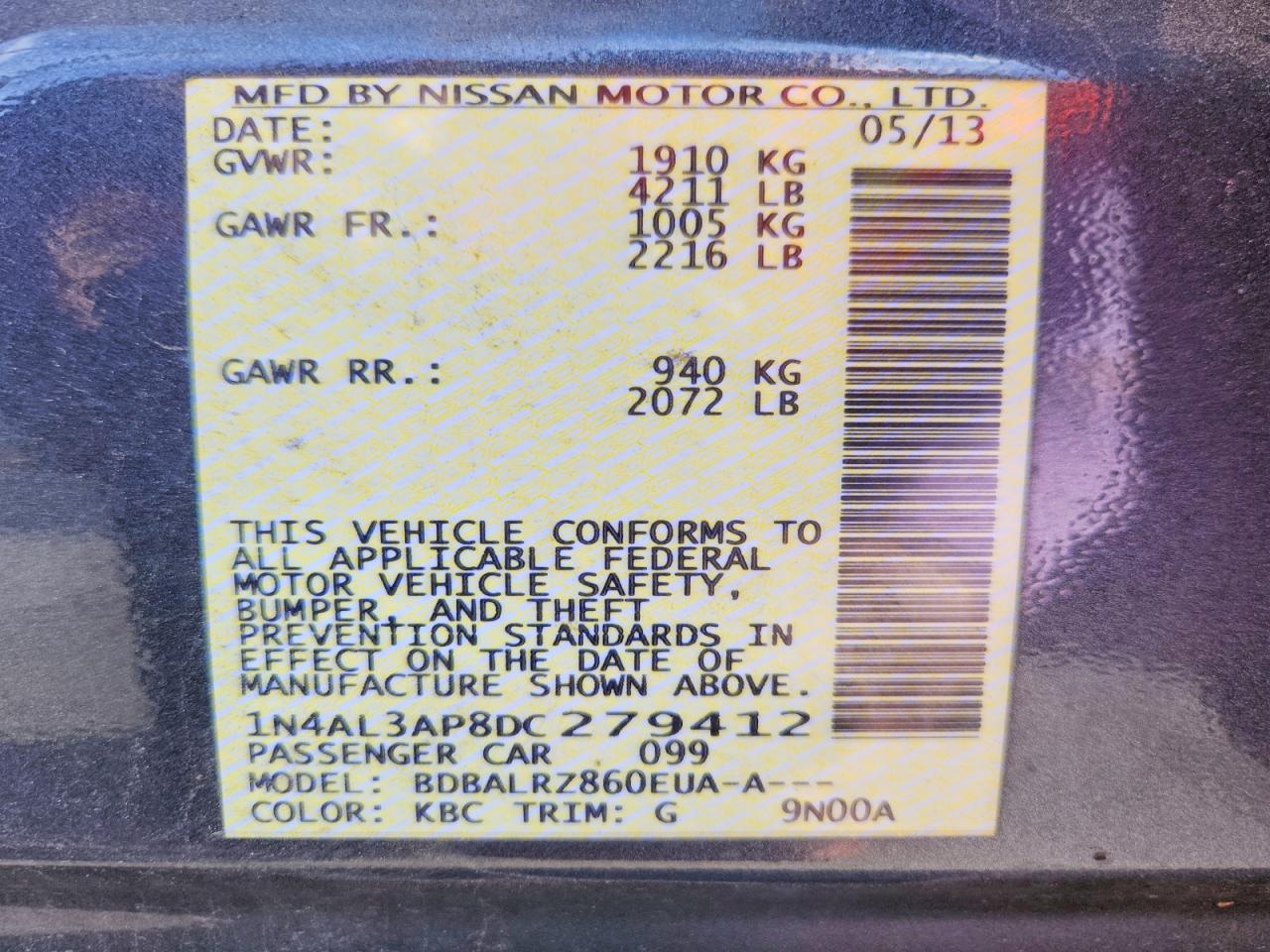 2013 NISS Altima VIN 1N4AL3AP8DC279412 photo 12