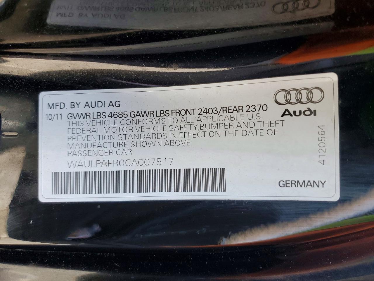 2012 Audi A5 VIN WAULFAFR0CA007517 photo 12