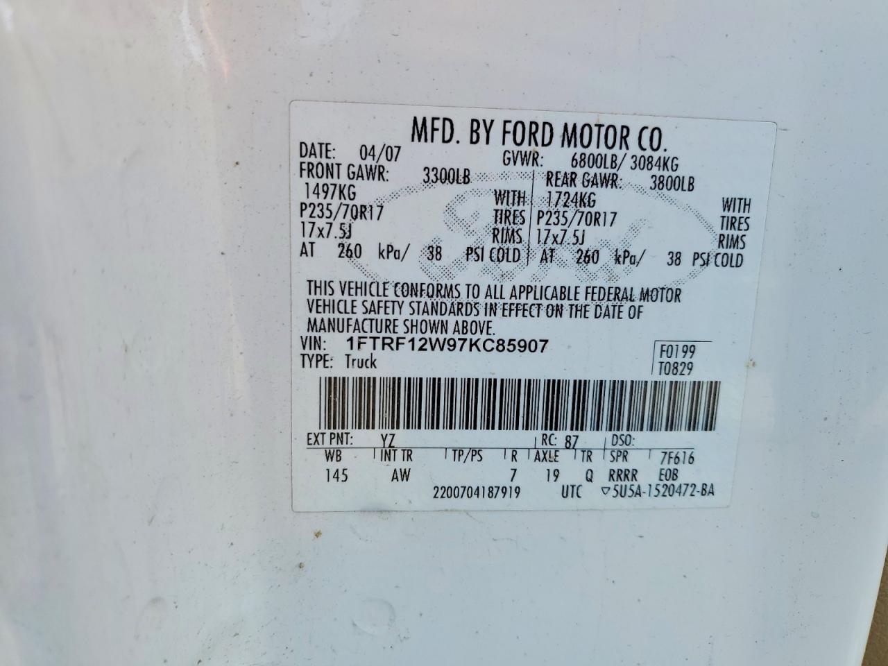 2007 Ford F150 VIN 1FTRF12W97KC85907 photo 12