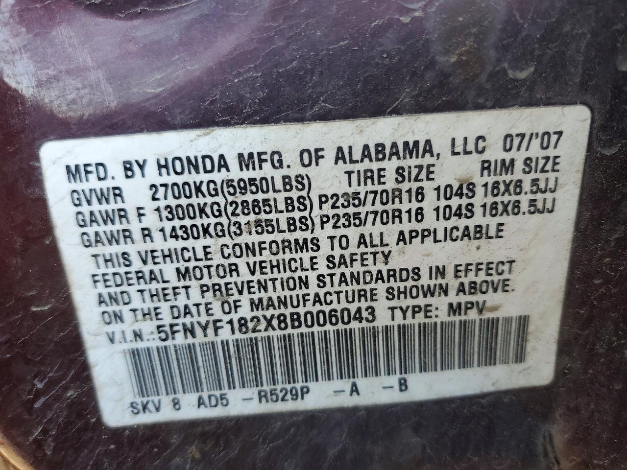 2008 HONDA Pilot VIN 5FNYF182X8B006043 photo 12