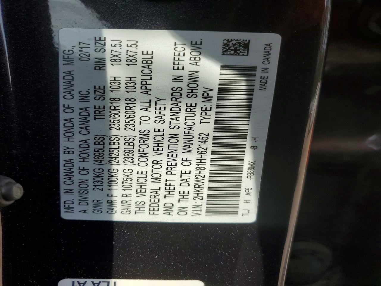 2017 Honda Crv VIN 2HKRW2H81HH621452 photo 12