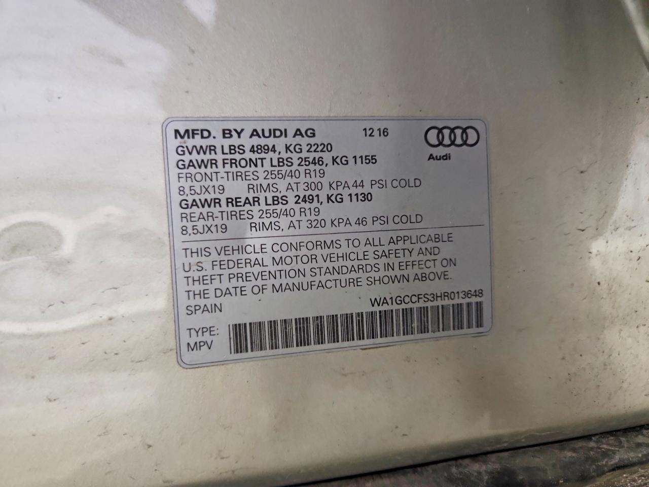 2017 Audi Q3 VIN WA1GCCFS3HR013648 photo 12