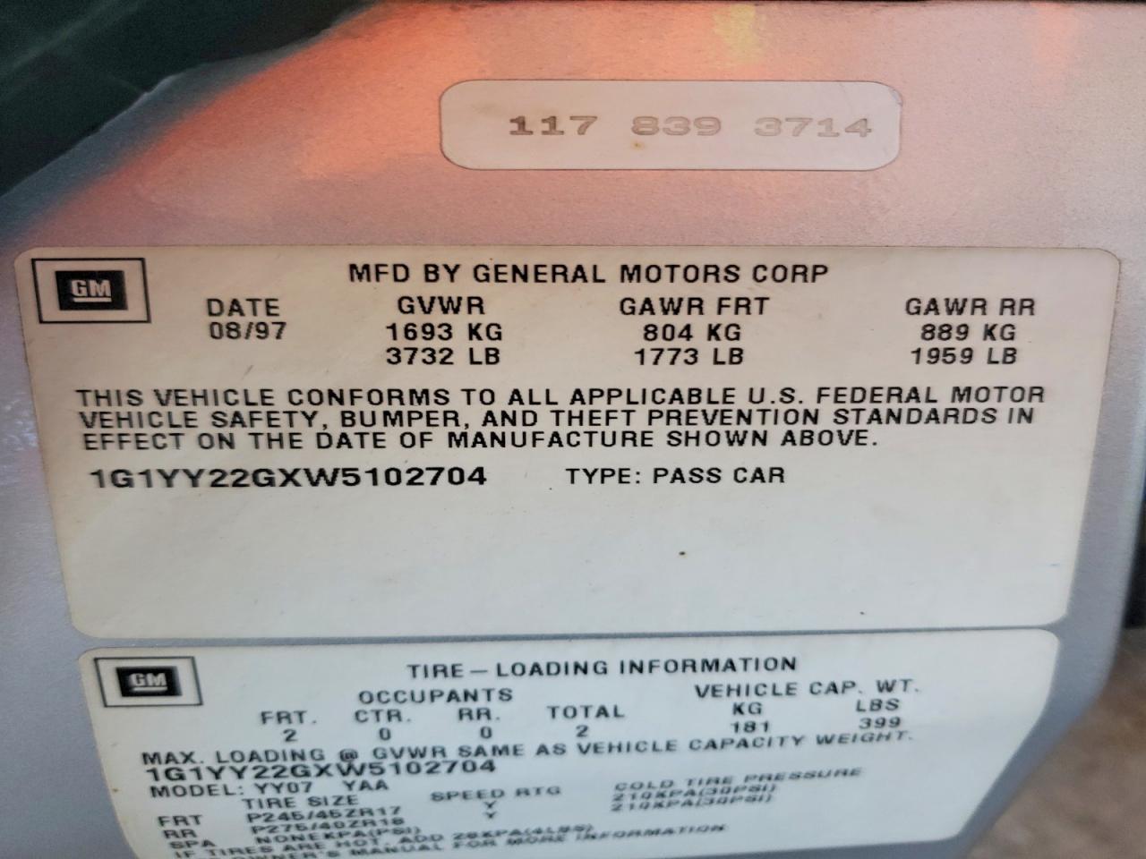 1998 CHEV Corvette VIN 1G1YY22GXW5102704 photo 12