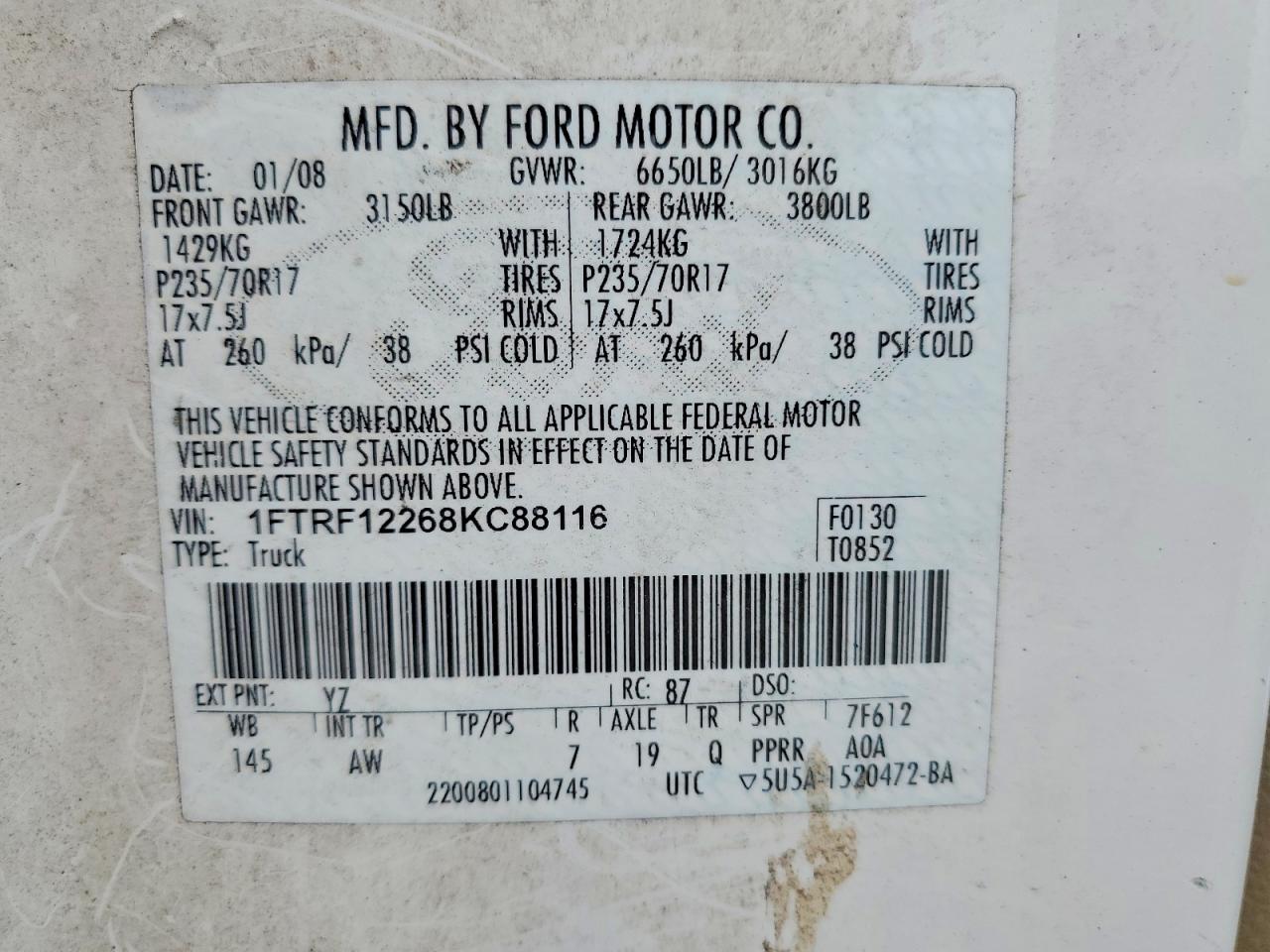 2008 Ford F150 VIN 1FTRF12268KC88116 photo 12