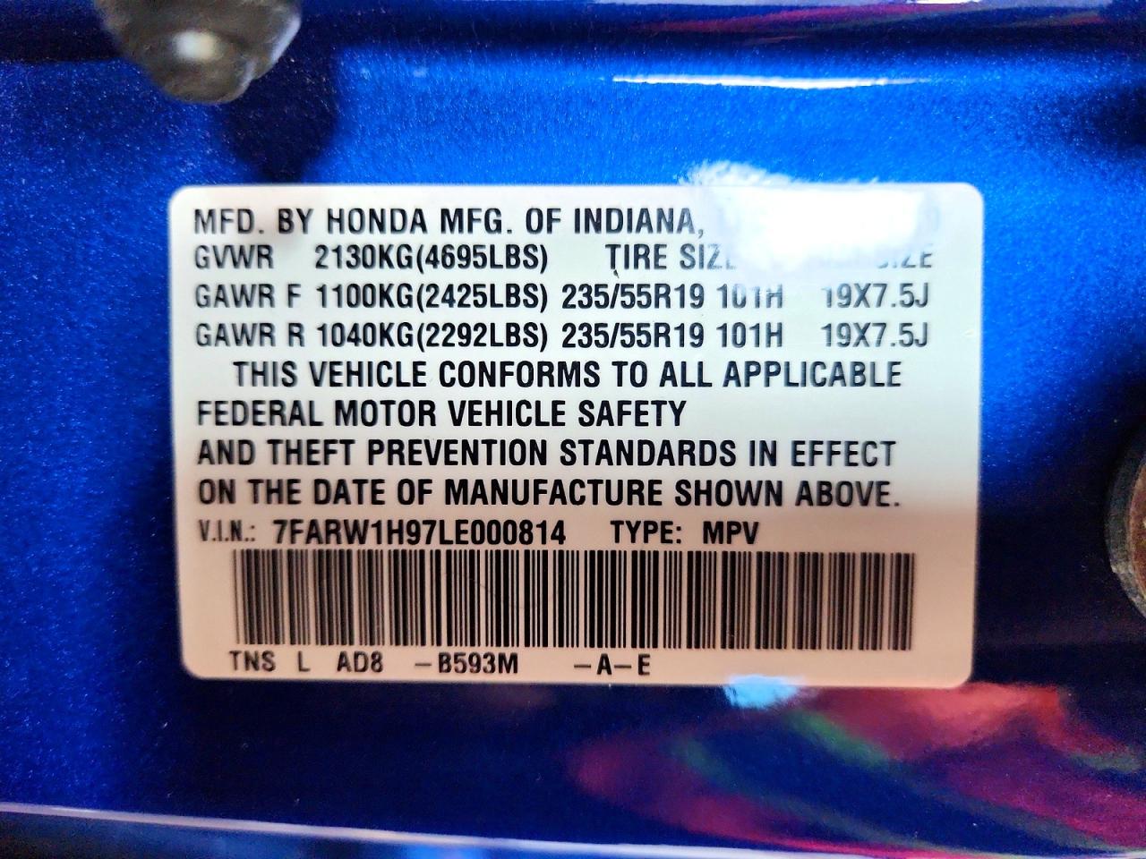 2020 Honda Crv VIN 7FARW1H97LE000814 photo 12