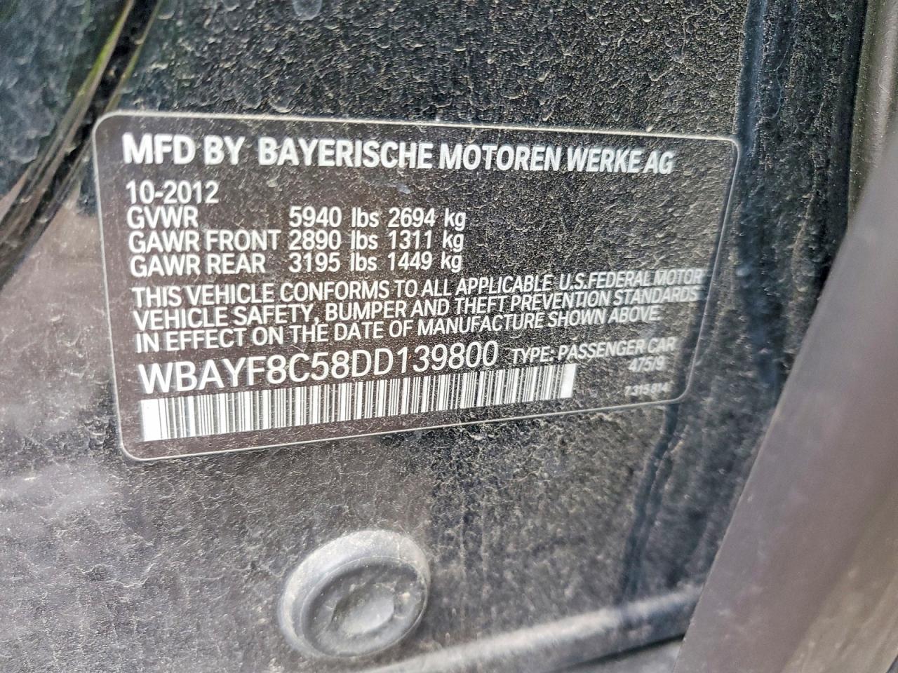 2013 BMW 7 series VIN WBAYF8C58DD139800 photo 12