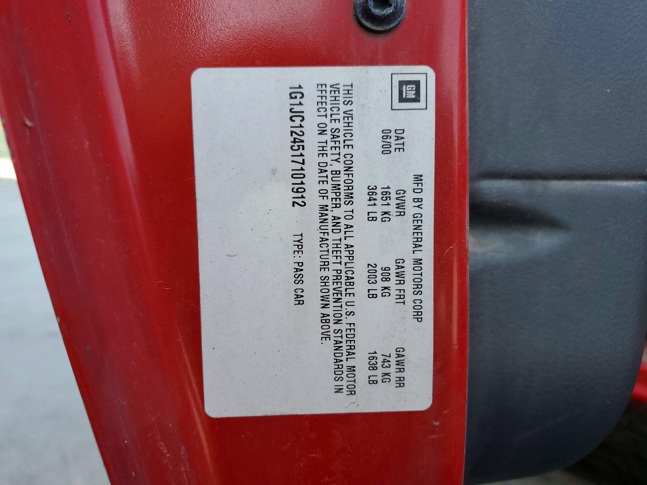 2001 Chevrolet Cavalier VIN 1G1JC124517101912 photo 12