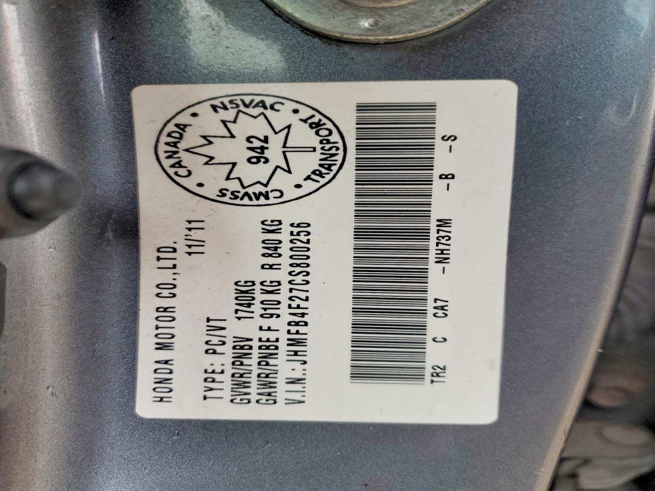 2012 Honda Civic VIN JHMFB4F27CS800256 photo 12