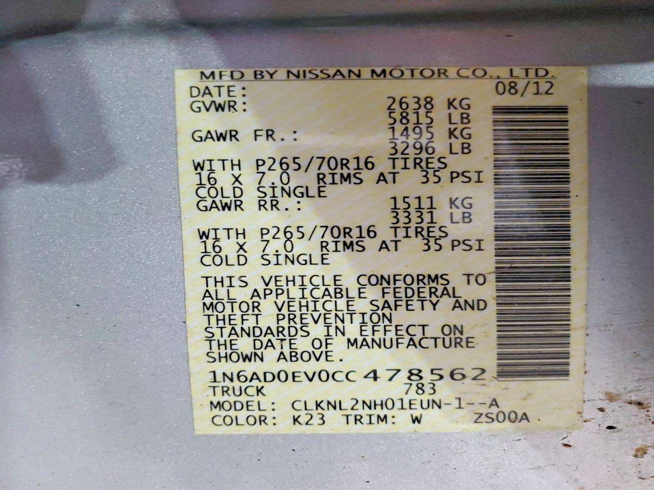 2012 Nissan Frontier VIN 1N6AD0EV0CC478562 photo 12