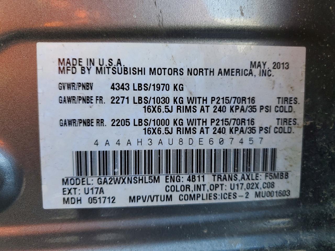 2013 Mitsubishi Outlander VIN 4A4AH3AU8DE607457 photo 12
