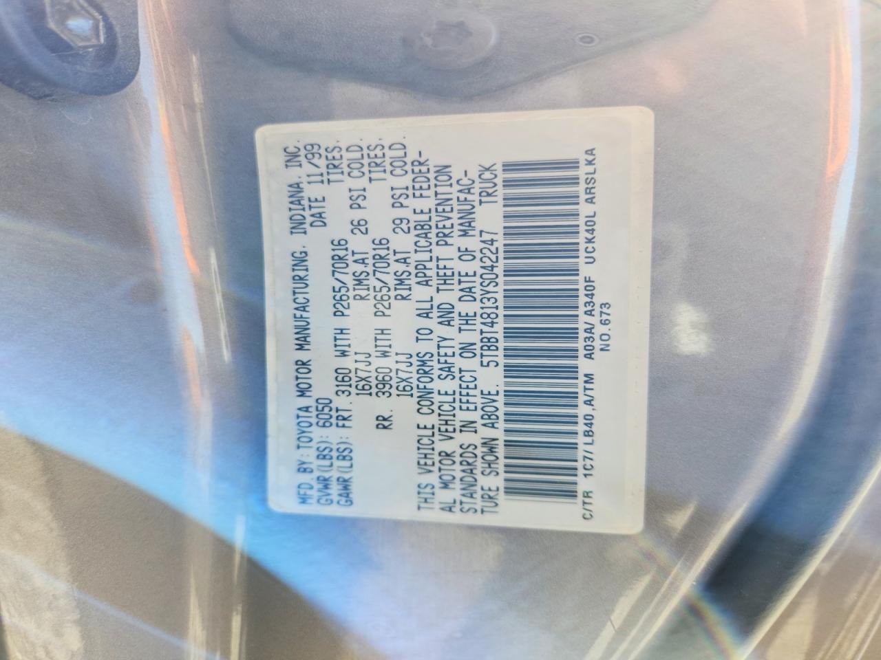 2000 TOYOTA Tundra VIN 5TBBT4813YS042247 photo 12