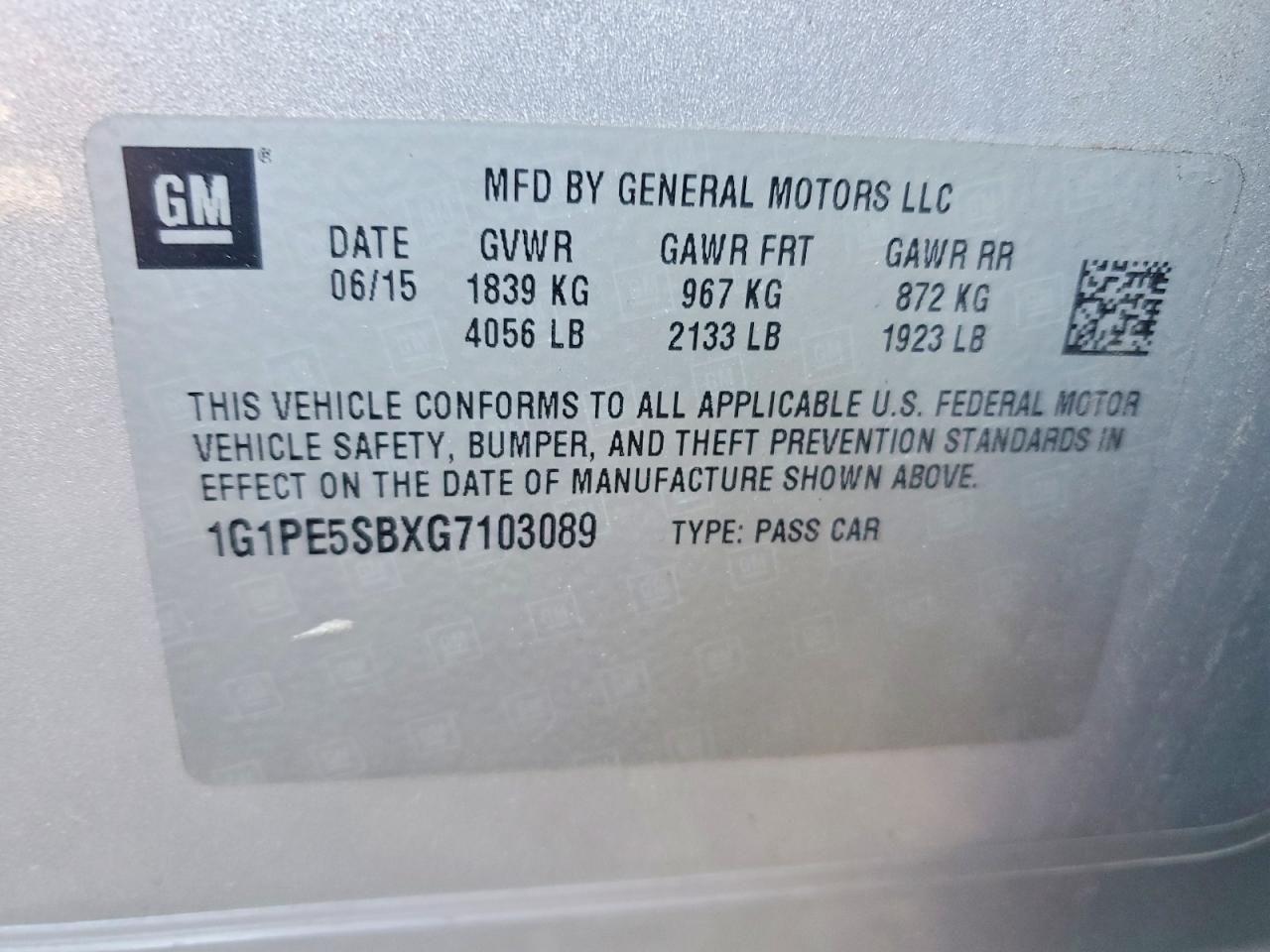 2016 CHEV Cruze VIN 1G1PE5SBXG7103089 photo 12