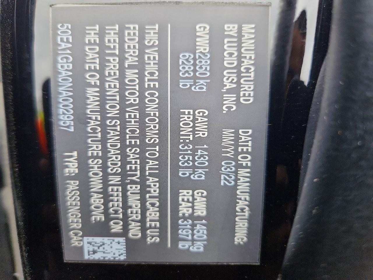 2022 LUCID Air VIN 50EA1GBA0NA002957 photo 12