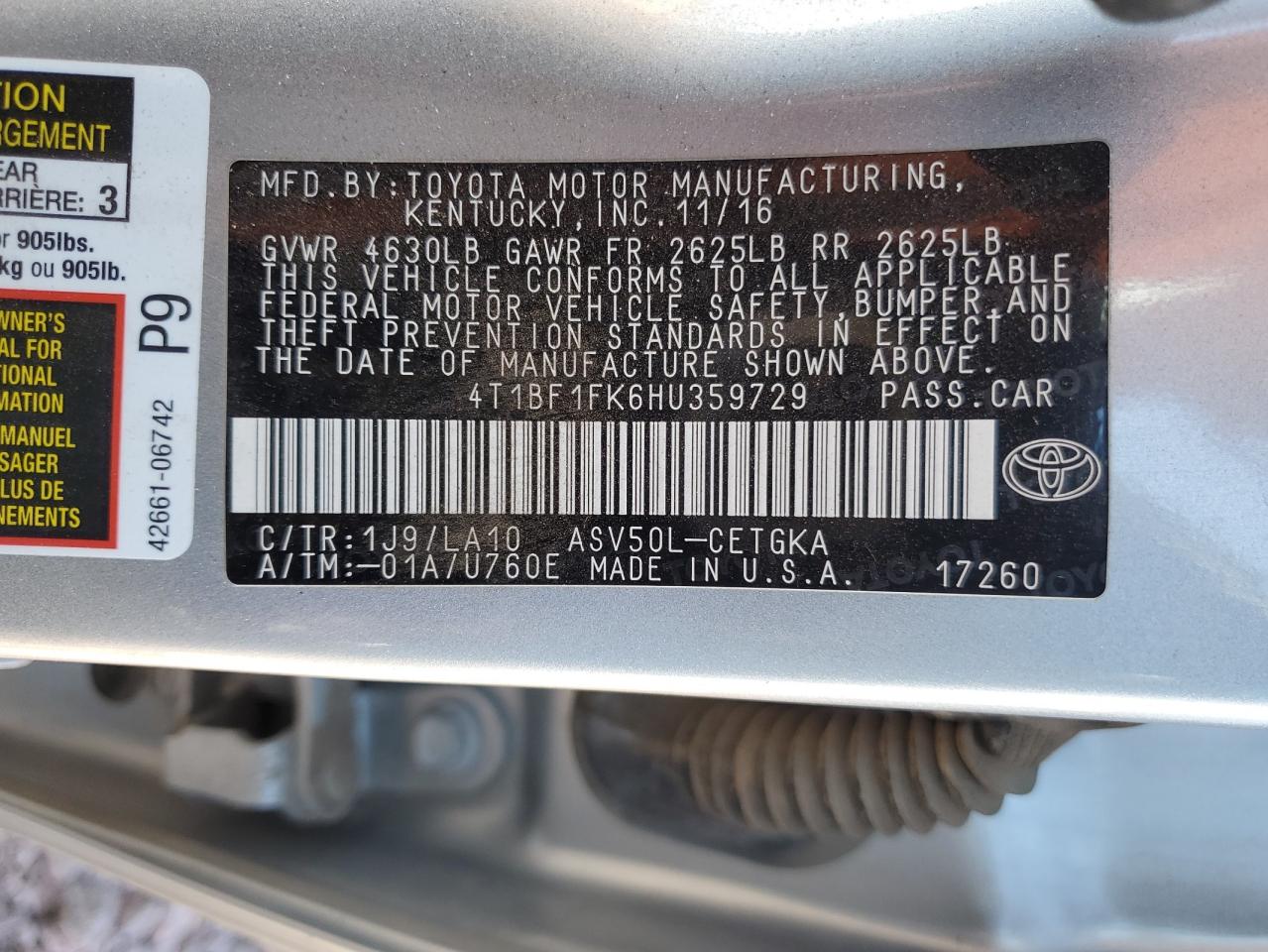 2017 TOYOTA Camry VIN 4T1BF1FK6HU359729 photo 12