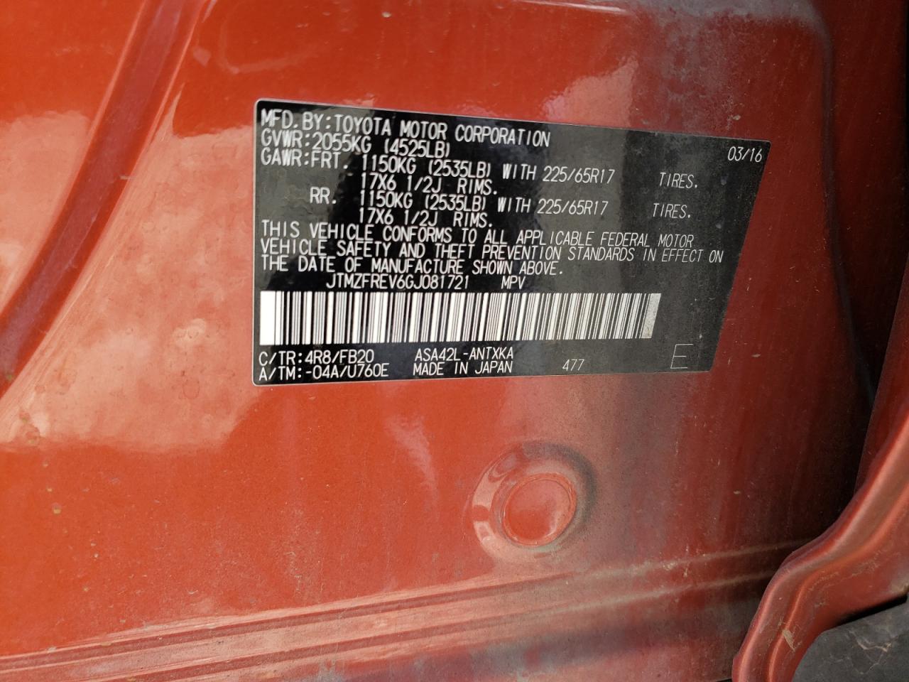 2016 TOYOTA Rav4 VIN JTMZFREV6GJ081721 photo 12