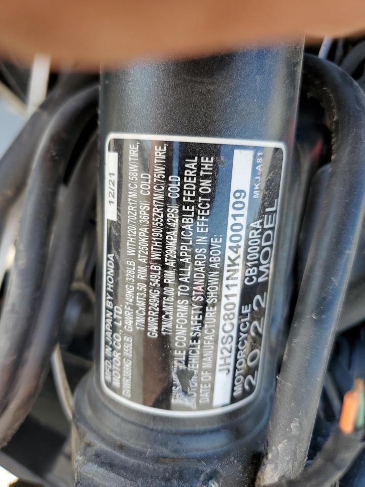 2022 HONDA Cb cycle VIN JH2SC8011NK400109 photo 9