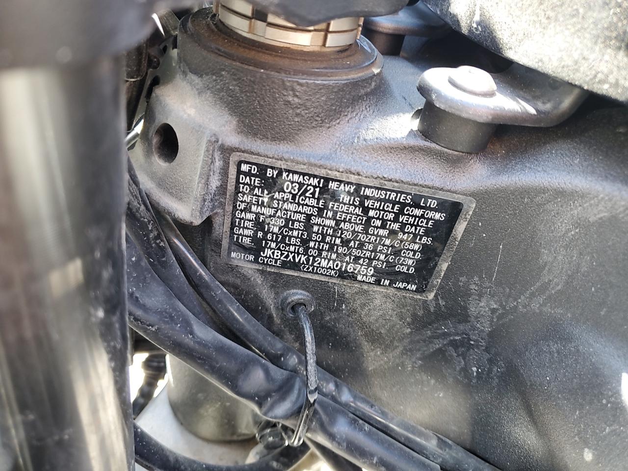 2021 KAWASAKI ZX1002 K VIN JKBZXVK12MA016759 photo 9