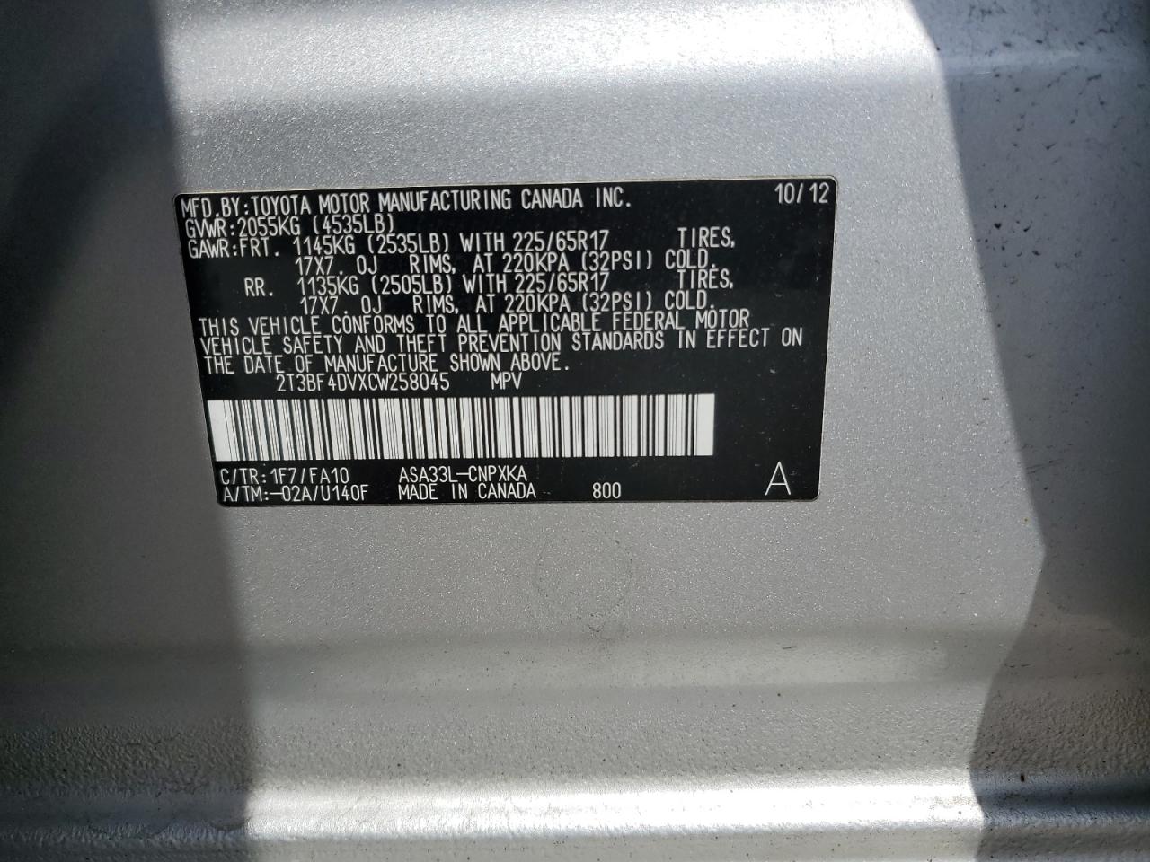 2012 TOYOTA Rav4 VIN 2T3BF4DVXCW258045 photo 12