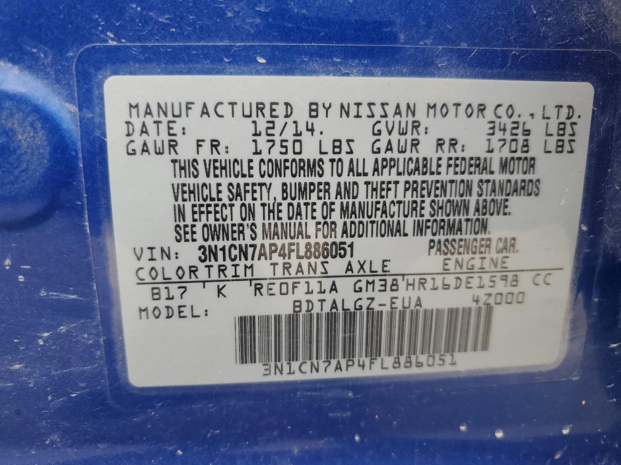 2015 Niss Versa VIN 3N1CN7AP4FL886051 photo 12