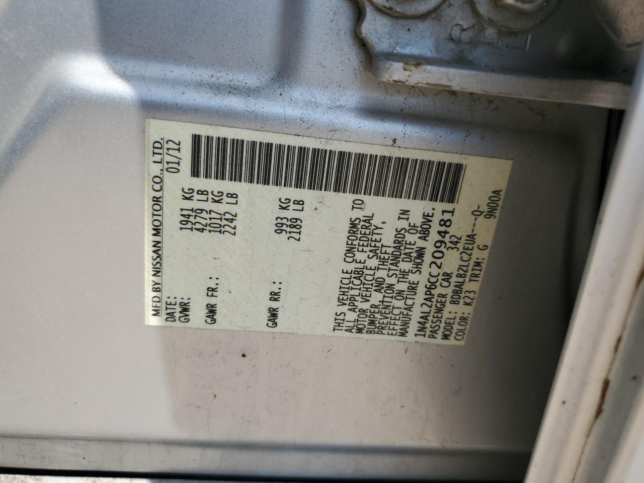 2012 Niss Altima VIN 1N4AL2AP6CC209481 photo 12