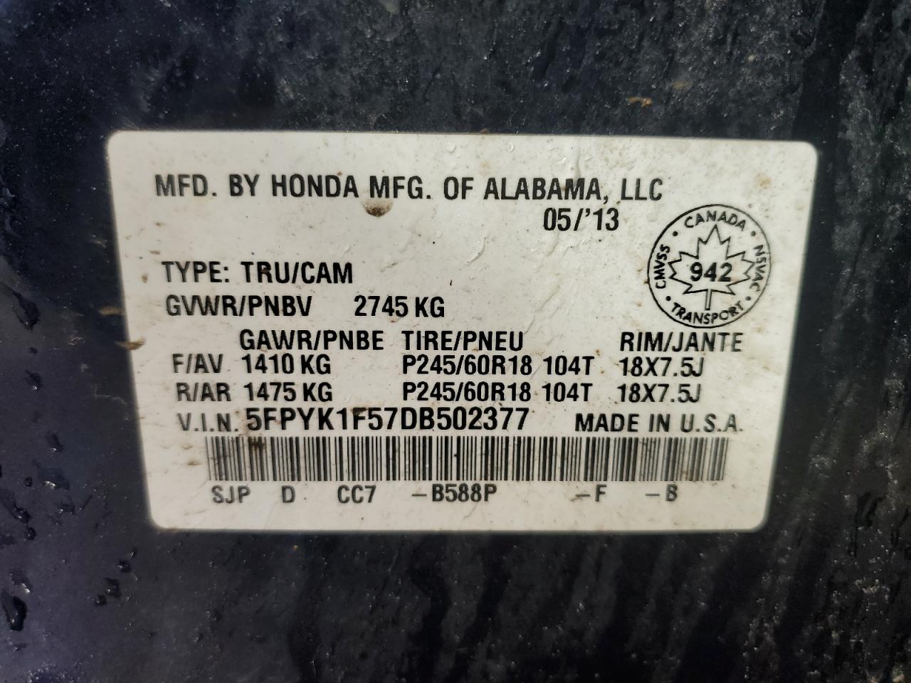 2013 HONDA Ridgeline VIN 5FPYK1F57DB502377 photo 12