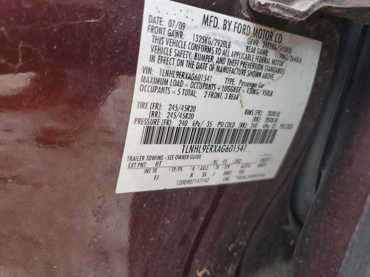 2010 LINCOLN Mks VIN 1LNHL9ERXAG601541 photo 12