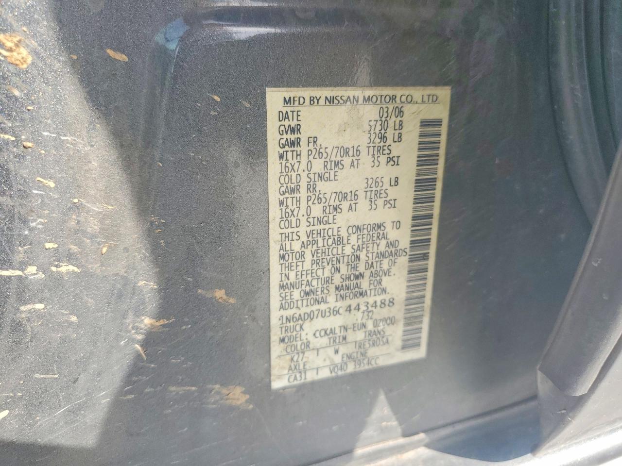 2006 Nissan Frontier VIN 1N6AD07U36C443488 photo 12