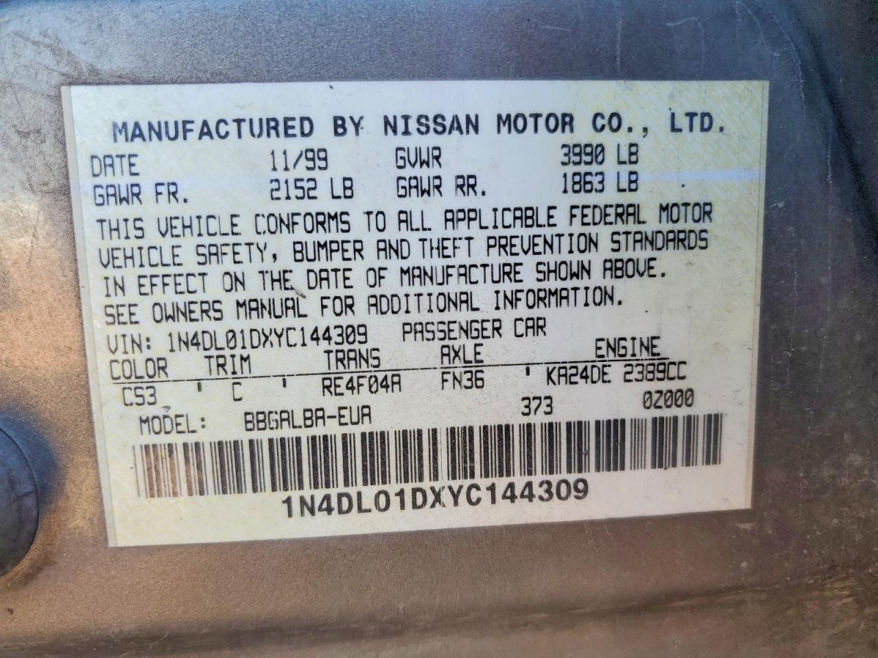 2000 NISS Altima VIN 1N4DL01DXYC144309 photo 12