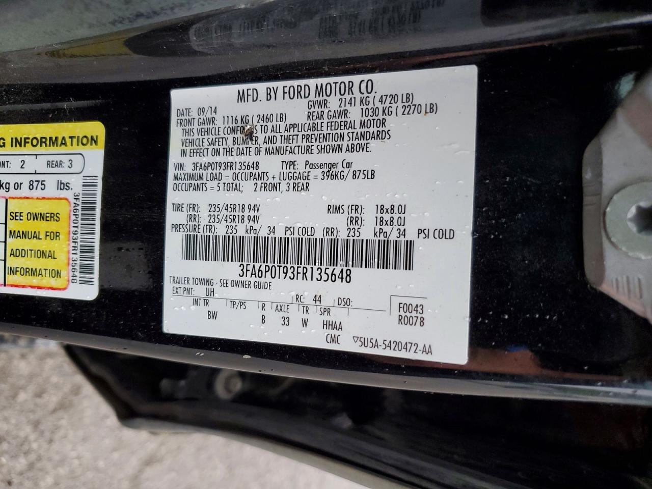 2015 Ford Fusion VIN 3FA6P0T93FR135648 photo 12