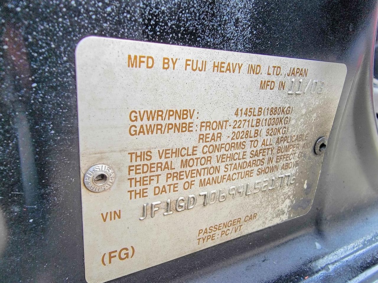 2004 Subaru Wrx VIN JF1GD70694L521776 photo 10