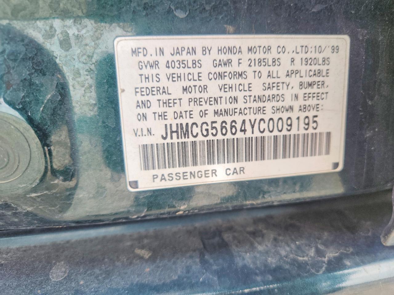 2000 Honda Accord VIN JHMCG5664YC009195 photo 12