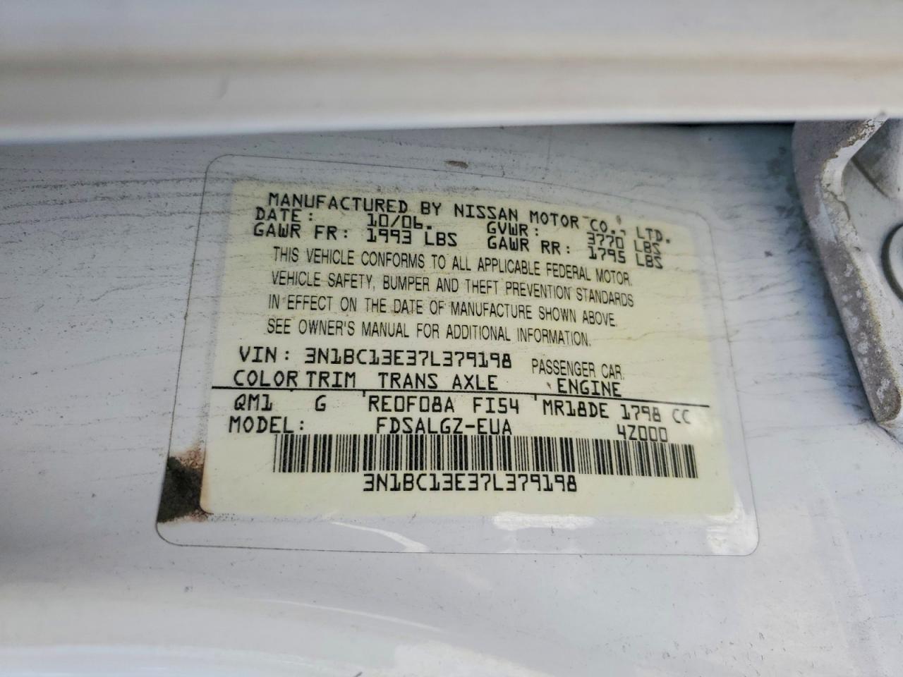 2007 Nissan Versa VIN 3N1BC13E37L379198 photo 12